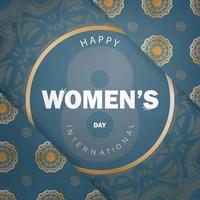 tarjeta de felicitación 8 de marzo día internacional de la mujer en azul con patrón dorado de lujo vector