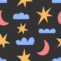 patrón simple infantil sin costuras para niños con lindas estrellas, luna y nubes en estilo moderno sobre un fondo negro. vector