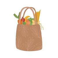 Eco friendly beige shopping bag with useful products. Pasta, carrots, broccoli, bananas, eggs, radishes. Vector illustration for the reusable concept.