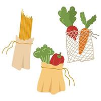 Bolsas de tela ecológicas para la compra de alimentos. hay pimientos, pasta, zanahorias, brócoli, rábanos en la parrilla. ilustración vectorial del concepto reutilizable. vector