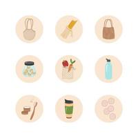 los puntos principales para el concepto de cero residuos y reciclaje. íconos bolsa de punto, taza térmica, cepillo de dientes, polvo, eco, almohadillas de algodón, pasta, comprador, verduras, nueces, botella de agua. ilustración vectorial vector