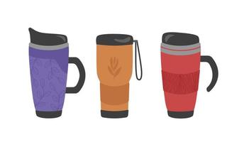 Set of reusable thermo mugs with a plant print for the concept of zero waste. For hot drinks, coffee, tea, cocoa. Vector illustration in cartoon style.