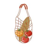 Eco knitted shopping bag. There are tomatoes and baguette in the bag. vector