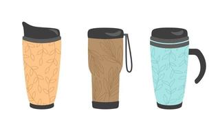 Thermocup is a reusable set with a plant print for the concept of zero waste. For hot drinks, coffee, tea, cocoa. Vector illustration in cartoon style.