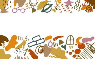 Abstract template for a banner text, a poster from hand-drawn in the style of doodles. Spots, stripes, drops, star, zigzag, handwriting, leaves. Vector illustration.