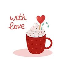 Red mug with cocoa with whipped cream for Valentine's Day. With a lollipop cane and a heart. Vector illustration in cartoon style for a postcard, holiday decoration, design or decor on February 14.