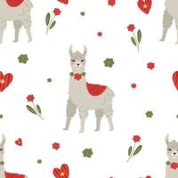 Seamless pattern for Valentine's Day with llama, flowers and hearts. Vector background for the decoration of the holiday on February 14, printing on paper, fabric, scrapbooking.