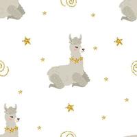 Seamless pattern with lamps or alpacas and golden stars and swirls. Vector background for the nursery. For printing on textiles, clothing, fabric, paper, packaging.