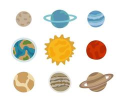 planetas de nuestro sistema solar y el sol. tierra, luna, venus, neptuno, urano, júpiter, marte. ilustración vectorial de objetos cósmicos del universo.
