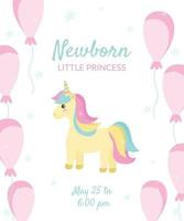 A postcard for a newborn little princess, with a unicorn and balloons. Festive vector illustration in delicate pastel colors.