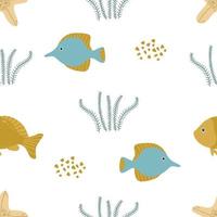 Golden and blue fish, algae and sand. Seamless pattern on a white background. Marine collection. Vector illustration for printing on paper, fabric, textile packaging.