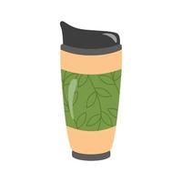 Reusable thermocup with plant print for the concept of zero waste. For hot drinks, coffee, tea, cocoa. Vector illustration in cartoon style.