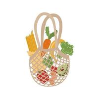 Eco friendly shopping bag knitted with useful products. In a grid of peppers, pasta, carrots, broccoli, bananas, avocado, eggs, radishes. Vector illustration for the reusable concept.