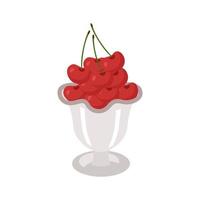 las bayas de cereza son de color rojo brillante y maduras en un recipiente de vidrio. bellamente diseñado con un tobogán para servir. ilustración vectorial aislada en un fondo blanco. vector