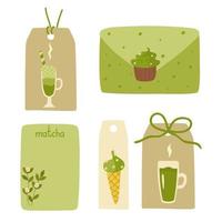 Tags, envelopes, a letter with elements of green tea from matcha powder. Cocktails and sweets, flowers. Vector illustration isolated. For decoration, design or printing