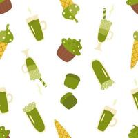 Seamless pattern with drinks and sweets with powdered green matcha tea. Ice cream, cupcakes, lattes, cocktails. Vector illustration. For background, printing on paper or fabric, design or decor