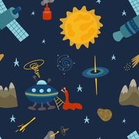 Seamless pattern of an extraterrestrial spaceship with an alien on a blue background. Cute cartoon-style vector illustration with stars for your design.