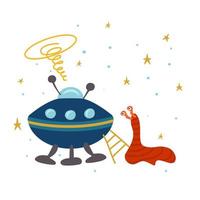 Extraterrestrial space ship with an alien. Cute cartoon-style vector illustration with stars for your design.