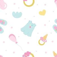 Seamless pattern for a little princess, with a cute dress, balloons, nipples, bottles. Festive vector background for printing on paper, fabric, packaging. Illustration in soft pastel colors.