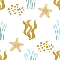 Starfish and brown and green algae. Seamless pattern on a white background. Marine collection. Vector illustration for printing on paper, fabric, textile packaging.