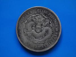 Old chinese coin over blue photo