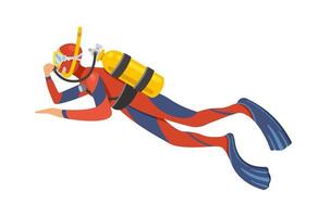 Scuba diver, diver in equipment, in a red suit on a white background. Vector illustration in cartoon style