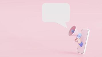 La ilustración 3d anuncia el signo de la pancarta de notificación mano de dibujos animados que sostiene el megáfono que sale del teléfono móvil sobre fondo rosa con espacio de copia foto