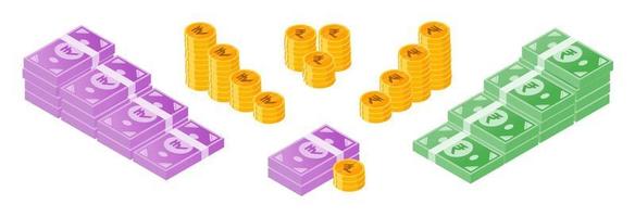 conjunto de paquetes de dinero y monedas de rupia india vector