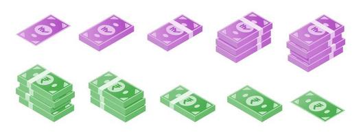 Indian Rupee Banknote Isometric Icon Set vector