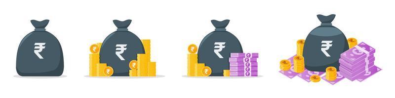conjunto de iconos de bolsa de dinero de rupia india vector