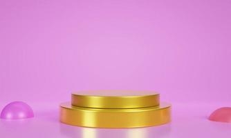 podio de dos niveles, color dorado, para exposición de productos sobre superficies y fondos rosas. pedestales de círculo dorado apilados uno encima del otro. representación 3d foto