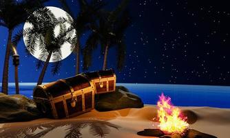 The treasure chest opened, the light shone, god ray. Pirate's treasure chest on a sandy beach, deserted island, pirate ships floating in the sea. full moon night. 3D Rendering photo