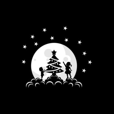 Vector illustration of a child decorating a christmas tree on the moon