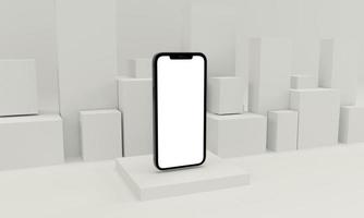 3d render illustration hand holding the white smartphone with full screen and modern frame less design - isolated on white background photo