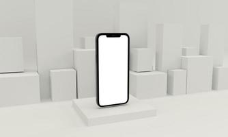 3D Render ilustración mano sosteniendo el teléfono inteligente blanco con pantalla completa y marco moderno menos diseño - aislado en fondo blanco foto