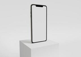 3d render illustration hand holding the white smartphone with full screen and modern frame less design - isolated on white background photo
