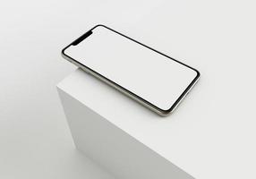 3d render illustration hand holding the white smartphone with full screen and modern frame less design - isolated on white background photo