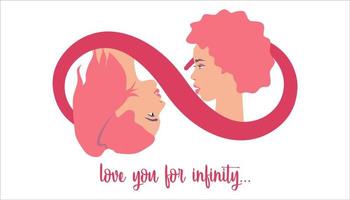 amor entre personas del mismo sexo. día de San Valentín. tarjeta de san valentin Mujer enamorada. pareja del mismo sexo. te amo por el infinito vector