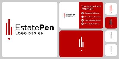 Building and pencil logo design with business card template. vector