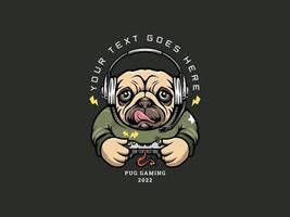 Pug Dog play the game. Gaming Logo Template vector