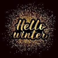 Hello Winter calligraphy lettering gold textured background. 3d hand lettering. Winter party disco typography poster. Vector illustration