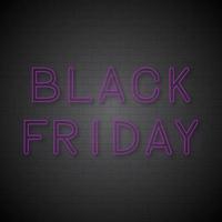 Black Friday purple retro neon sign on brick wall background. Shopping concept vector illustration. Seasonal sale banner.