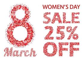 International Women's Day sale banner with letters and numbers of scattered hearts confetti. March 8 vector illustration isolated on white background.  Easy to edit design template.