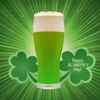 St. Patrick's Day greeting card on a bright green background with clover and glass of beer. Easy to edit vector design template.
