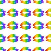 Rainbow lipstick kiss on white seamless pattern. LGBT community background. Gay pride vector illustration. Imprint of the lips. International Day Against Homophobia poster, sign, greeting card.