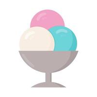 Three balls of ice cream in a cup isolated on white. Cartoon icecream in flat style. Concept of summer desserts and kids celebration. Vector illustration. Italian Gelato.