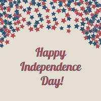 Happy Independence Day banner. 4th of July greeting card. Retro patriotic vector illustration in colors of flag of USA red, blue and white. Stars confetti.