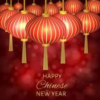 Chinese new year vector illustration with traditional lanterns on dark red bokeh background