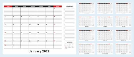 calendario de escritorio mensual vectorial, enero de 2022 - diciembre de 2022. planificador de calendario con lista de tareas pendientes y lugar para notas. vector