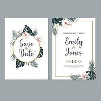 plantilla de invitación de boda con hermosas hojas y flores vector